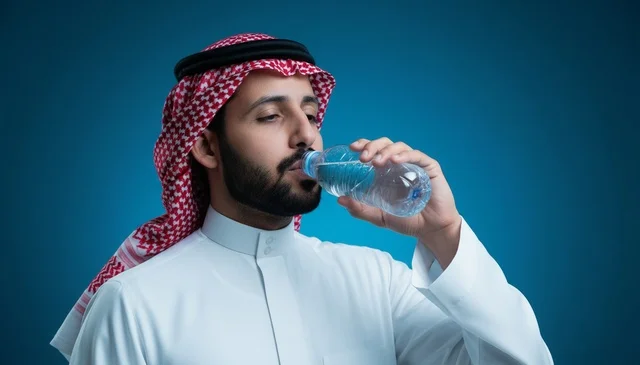 رجل سعودي يشرب الماء من زجاجة بالزي التقليدي