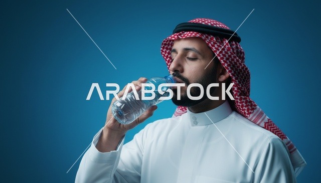 رجل سعودي يشرب الماء من زجاجة بالزي التقليدي