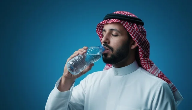 Saudi Man Drinking Water from Bottle on Blue Background