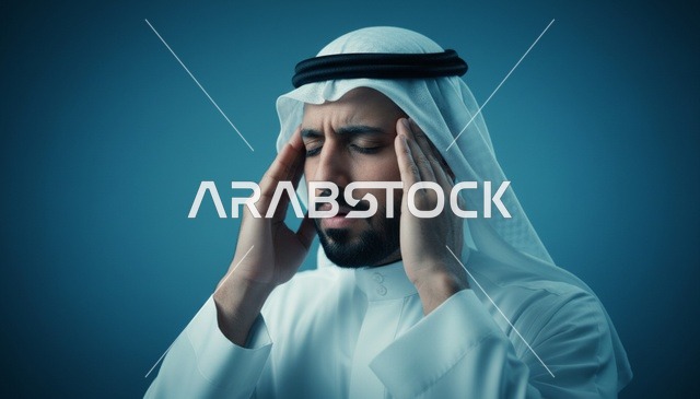 رجل سعودي يعاني من الصداع بالزي التقليدي