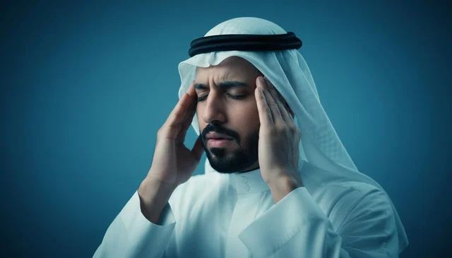 رجل سعودي يعاني من الصداع بالزي التقليدي