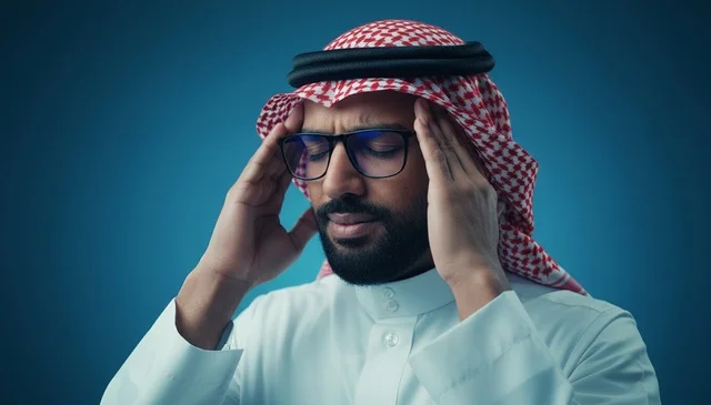 رجل سعودي بالزي التقليدي يشعر بصداع وألم