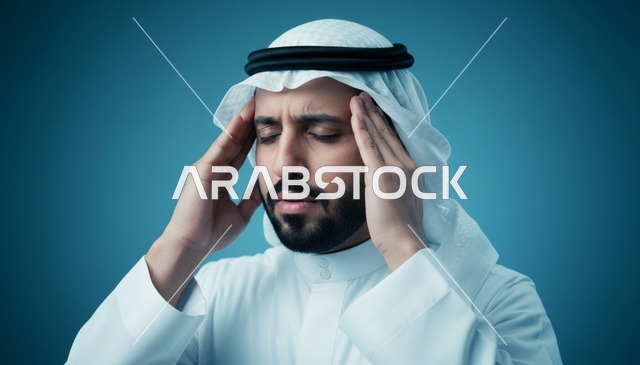 رجل إماراتي يعاني من الصداع بالزي التقليدي