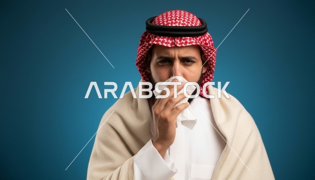 رجل سعودي مريض بالزكام يرتدي الزي الشتوي