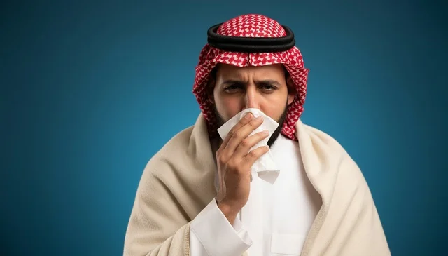 Saudi Man with Flu Sneezing in Winter Attire