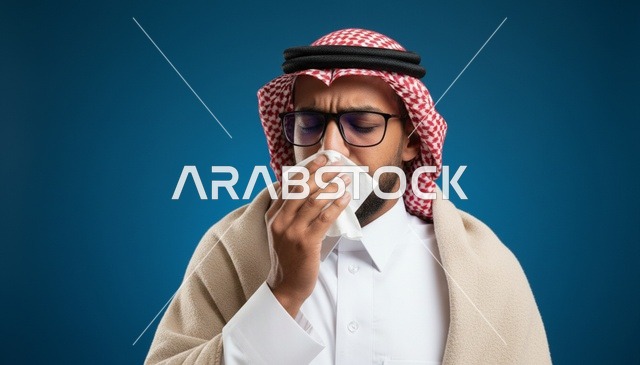 رجل سعودي مريض تظهر عليه أعراض الزكام والإنفلونزا