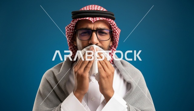 Sick Saudi Man with Flu Blowing Nose on Blue Background