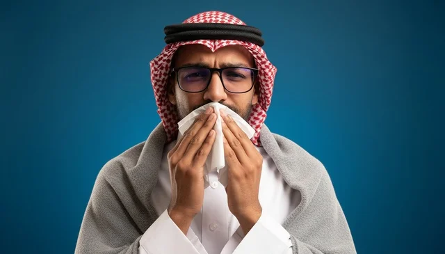 رجل سعودي مريض بالزكام يمسح أنفه بمنديل ورقي