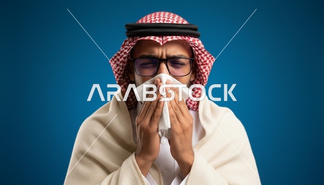 رجل سعودي مصاب بالزكام والبرد يمسح أنفه بمنديل ورقي