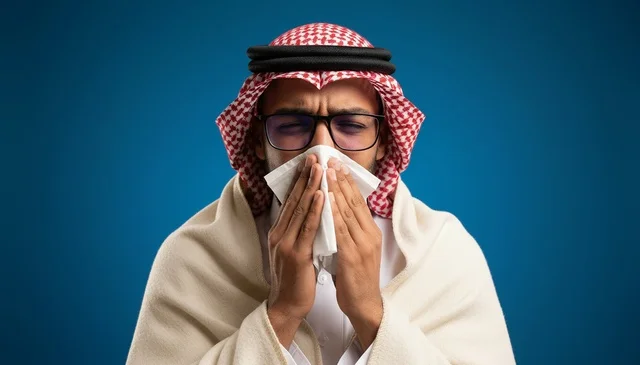 رجل سعودي مصاب بالزكام والبرد يمسح أنفه بمنديل ورقي