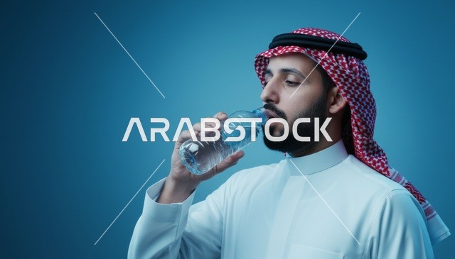 رجل سعودي بالزي التقليدي يشرب الماء في الاستوديو