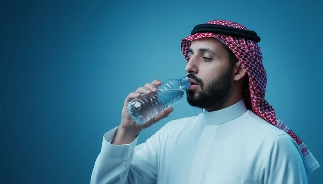 Saudi Man Drinking Water in Traditional Thobe