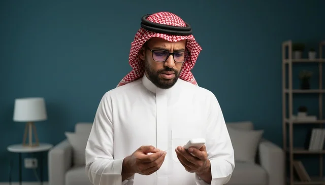 Saudi Man in Traditional Dress Using Smartphone Indoors