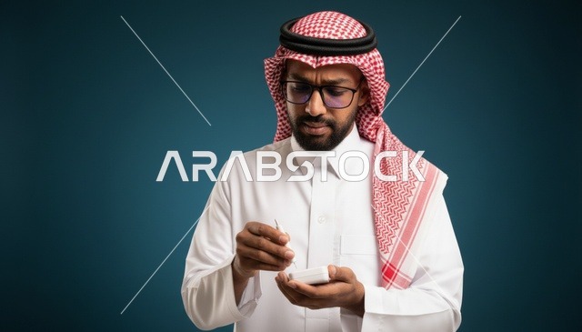 رجل سعودي يستخدم جهاز قياس السكر بالزي التقليدي