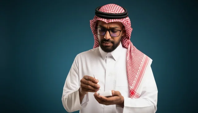 رجل سعودي يستخدم جهاز قياس السكر بالزي التقليدي