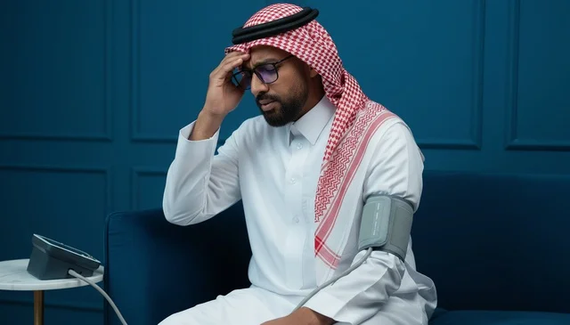 Saudi Man Measuring Blood Pressure at Home
