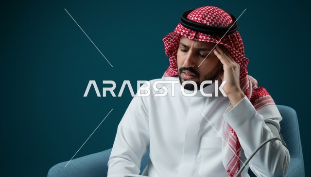رجل سعودي يعاني من الصداع والتوتر بالزي التقليدي