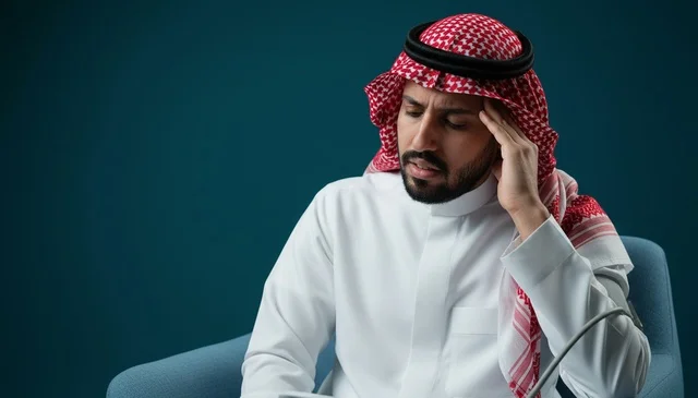 رجل سعودي يعاني من الصداع والتوتر بالزي التقليدي