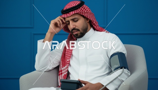 رجل سعودي يفحص ضغط الدم بجهاز منزلي