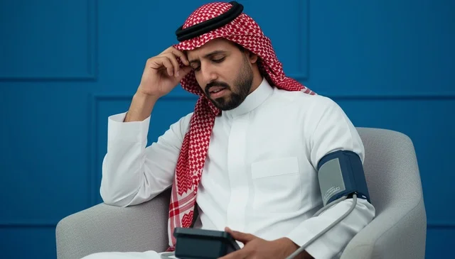 رجل سعودي يفحص ضغط الدم بجهاز منزلي