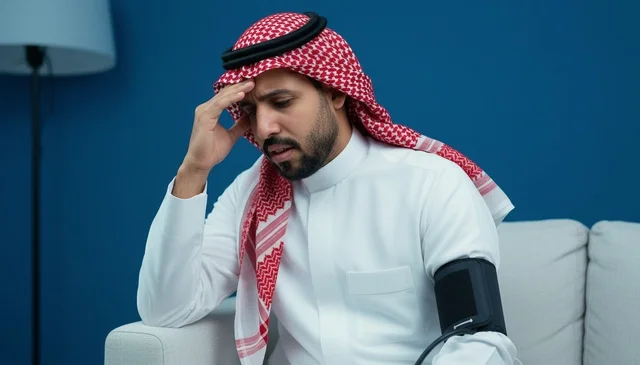 رجل سعودي يقيس ضغط الدم بتعبير مجهد