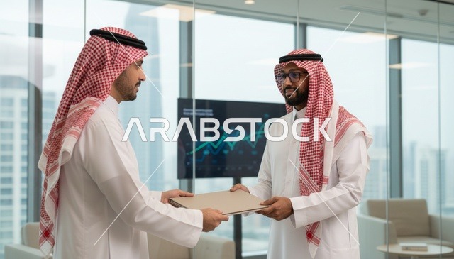 رجال أعمال سعوديون يتبادلون الوثائق في مكتب حديث
