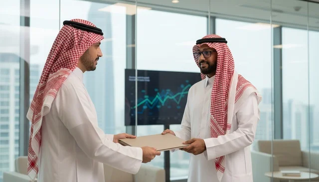 رجال أعمال سعوديون يتبادلون الوثائق في مكتب حديث