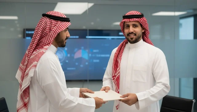 رجال أعمال سعوديون يتبادلون الوثائق في المكتب