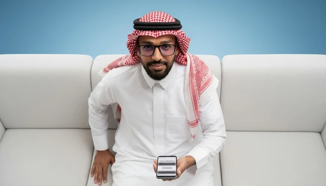 Saudi Man in Traditional Thobe Holding Smartphone on Sofa