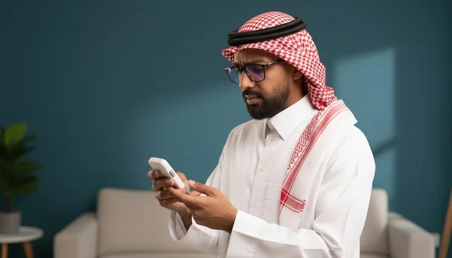 رجل سعودي بالزي التقليدي يستخدم الهاتف الذكي