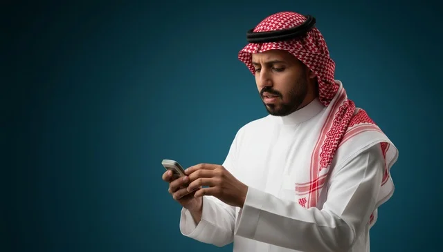 رجل سعودي باللباس التقليدي يستخدم الهاتف الذكي