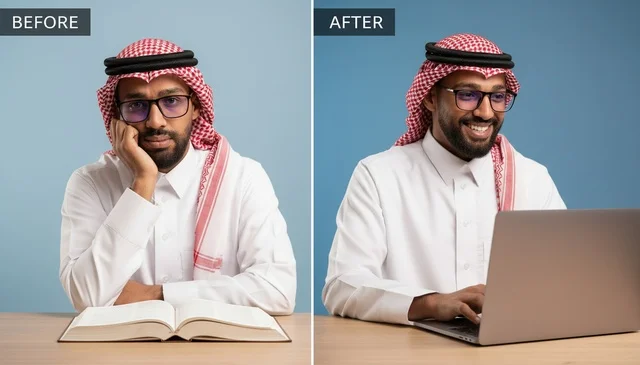 Saudi Man Traditional vs Digital Comparison Laptop Book