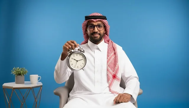 Saudi Man Holding Alarm Clock in Traditional Dress