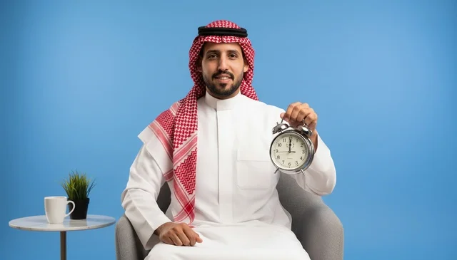 رجل سعودي بالزي التقليدي يمسك ساعة منبه رجل سعودي بالزي التقليدي يمسك ساعة منبه