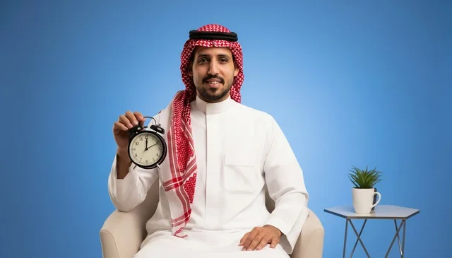 رجل سعودي يحمل ساعة منبه في الاستوديو رجل سعودي يحمل ساعة منبه في الاستوديو