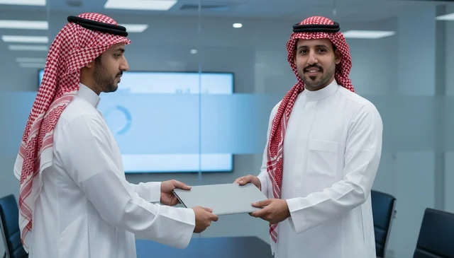 رجال أعمال سعوديون في مكتب يسلمون حاسوب