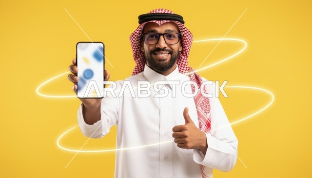 رجل سعودي يمسك هاتف ذكي مع إيماءة النجاح