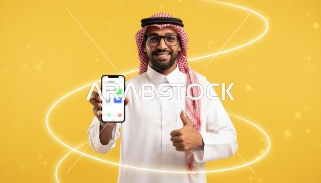 رجل سعودي يحمل هاتف ذكي مع إشارة الإعجاب