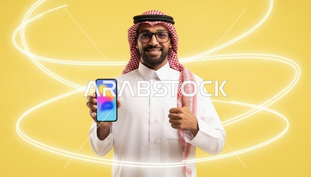 رجل سعودي يحمل هاتف ذكي وخلفية صفراء متوهجة