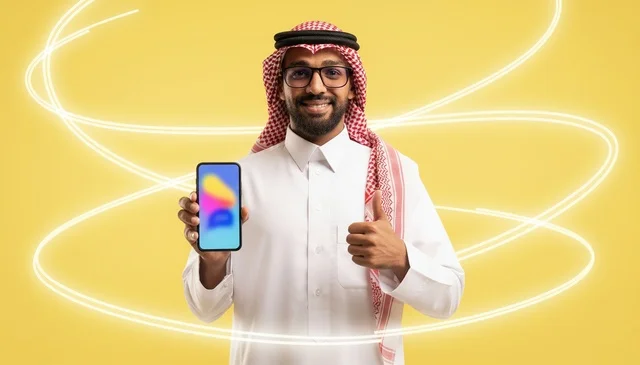 Saudi Man with Smartphone Thumbs Up Yellow Background