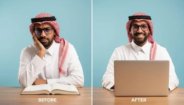 مقارنة رجل سعودي قبل وبعد استخدام التكنولوجيا