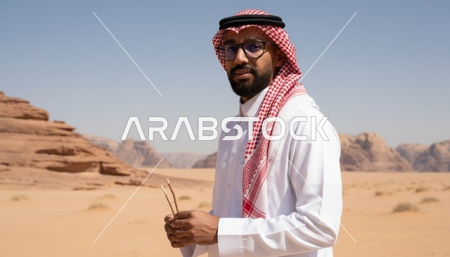 رجل سعودي في الصحراء يحمل أعواد السواك