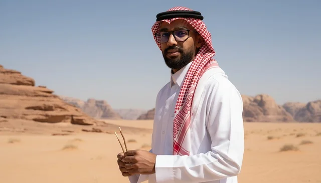 Saudi Man in Desert with Miswak Sticks