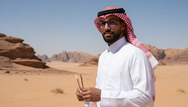 Saudi Man in Traditional Thobe Holding Miswak in Desert