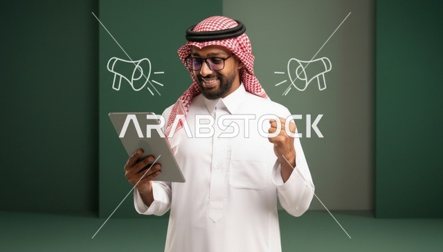 رجل سعودي يحمل تابلت يحتفل بنجاح إعلان خلفية خضراء