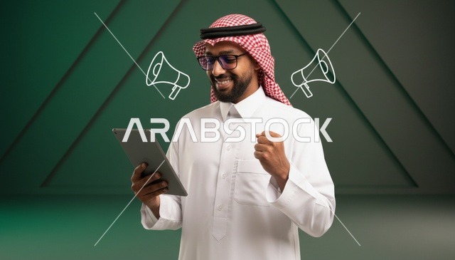 رجل سعودي يحمل تابلت يحتفل بنجاح حملة تسويقية