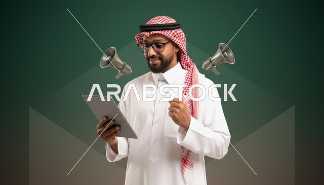 رجل سعودي مع جهاز لوحي ومكبرات صوت للتسويق