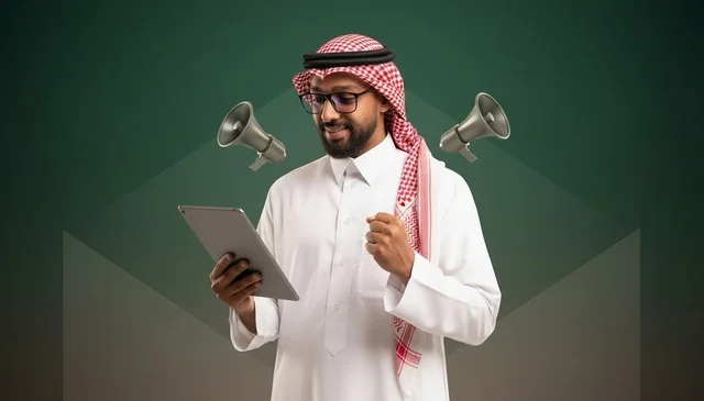 Saudi Man with Tablet and Megaphones for Marketing