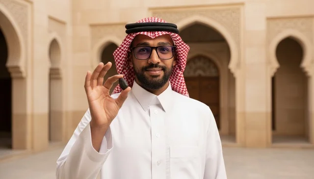 Saudi Man Holding Incense in Traditional Architecture