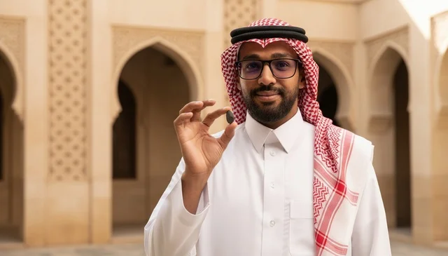 رجل سعودي بالزي التقليدي يمسك بنواة تمر